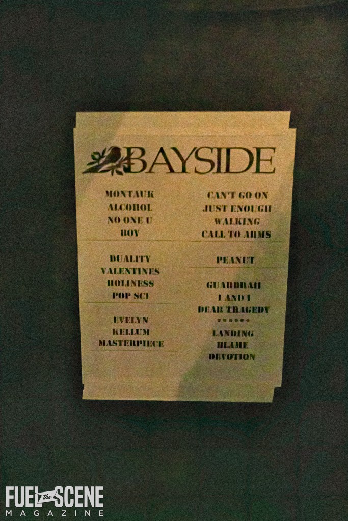 Setlist for Bayside concert handwritten on a piece of paper, featuring song titles such as 'Montauk,' 'Alcohol,' 'No One U,' and 'Call to Arms.'