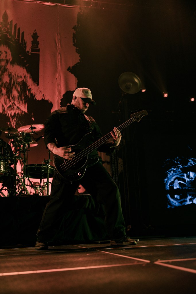 A bassist performing on stage, dressed in a black outfit and a cap, with dramatic lighting and a backdrop featuring abstract designs.
