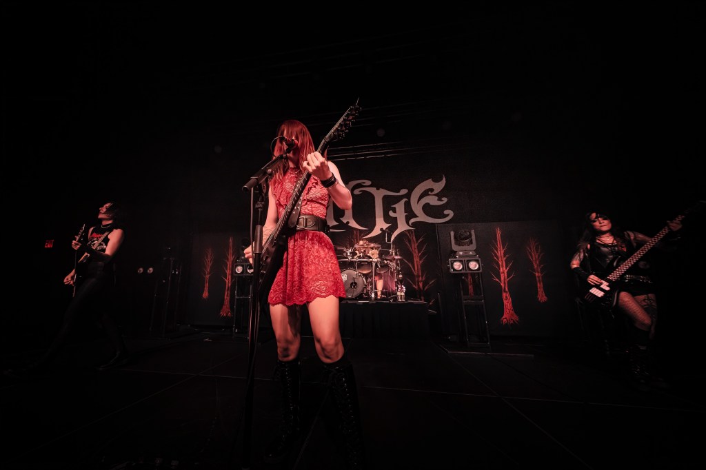 A female rock band performing on stage, with the lead guitarist in a red dress and knee-high boots, and a backdrop featuring dark trees and the band's name.